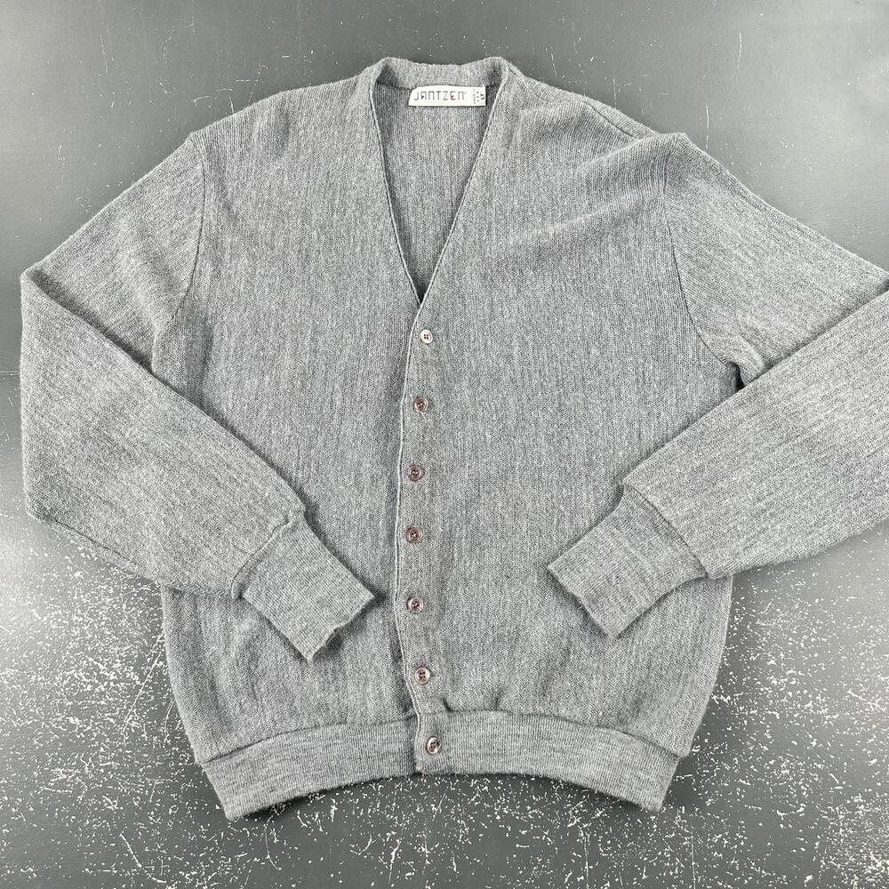 VTG Jantzen Cardian Sweater Mens LT Gray Vneck Academia Grunge Street Hipster